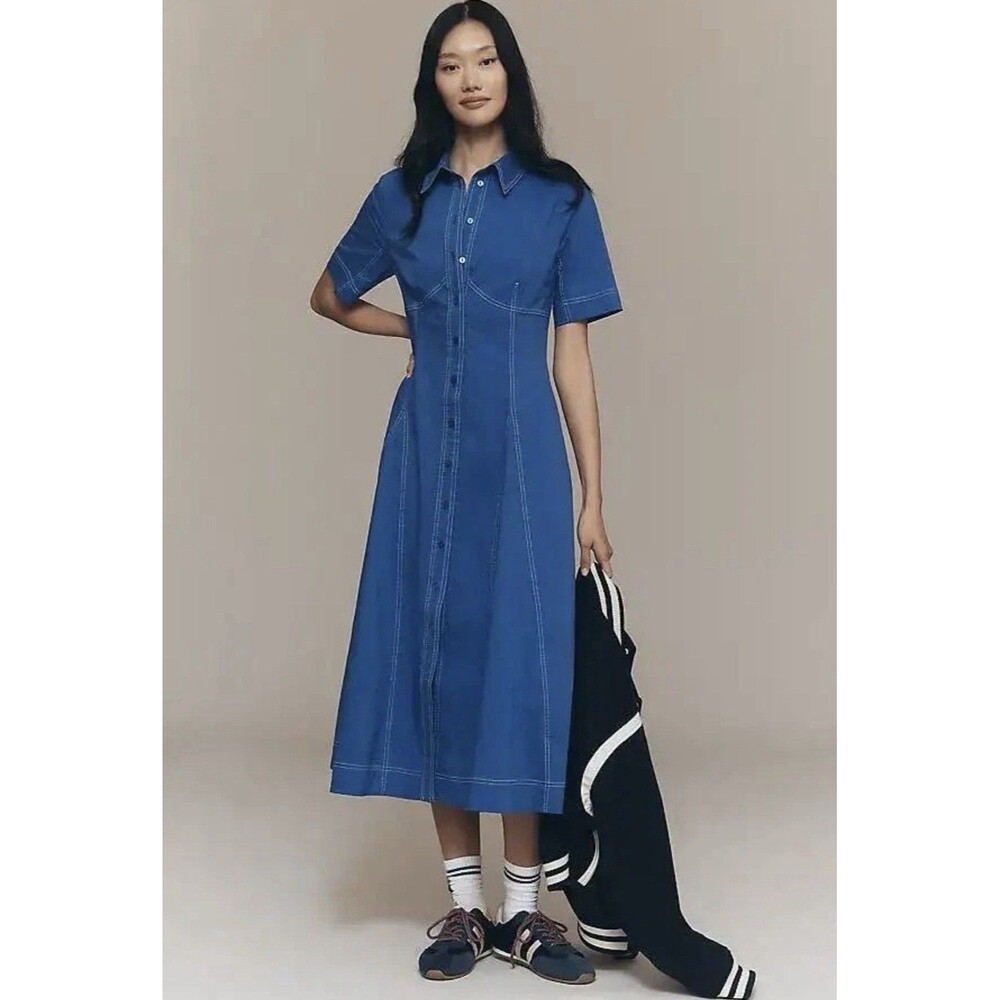ANTHROPOLOGIE NWOT Esquisse Midi Shirtdress Dress Cobalt Blue Poplin Medium M
